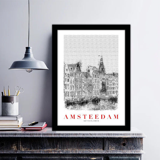 Amsterdam Netherlands B_W Sketch Art Style Travel Poster Wall Art Print Home Decor Picture Wanderlust