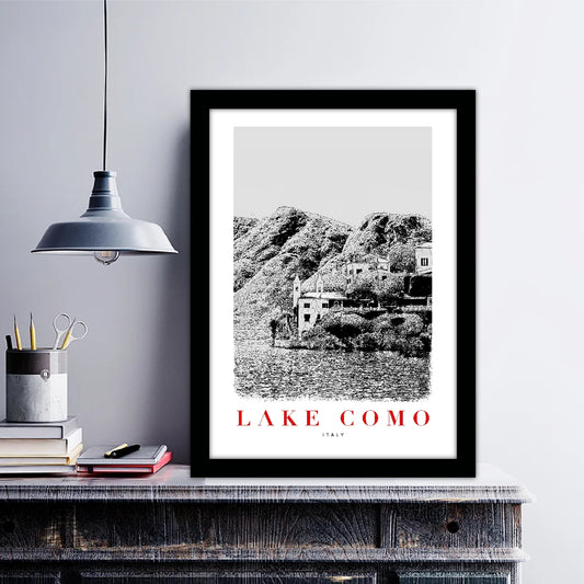 Lake Como Italy B_W Sketch Art Style Travel Poster Wall Art Print Home Decor Picture Wanderlust