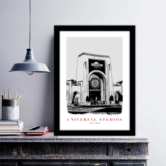 Universal Studios Orlando B_W Sketch Art Style Travel Poster Wall Art Print Home Decor Picture Wanderlust