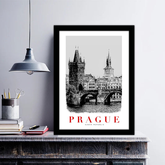 Prague Czech Republic B_W Sketch Art Style Travel Poster Wall Art Print Home Decor Picture Wanderlust