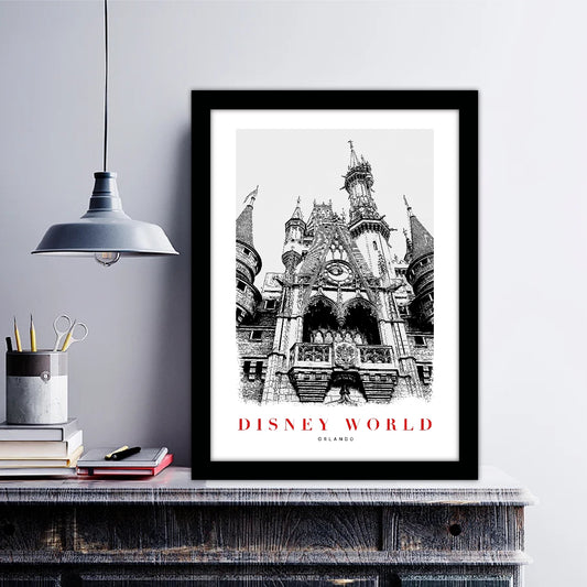 Walt Disney World Orlando B_W Sketch Art Style Travel Poster Wall Art Print Home Decor Picture Wanderlust