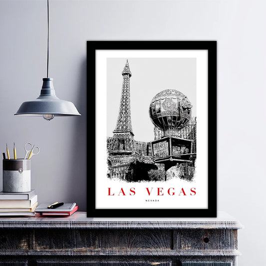 Las Vegas Nevada B_W Sketch Art Style Travel Poster Wall Art Print Home Decor Picture Wanderlust