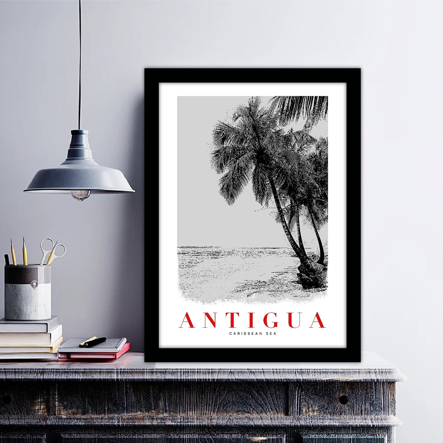 The Caribbean Antigua B_W Sketch Art Style Travel Poster Wall Art Print Home Decor Picture Wanderlust