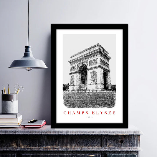 Paris Champs Elysee B_W Sketch Art Style Travel Poster Wall Art Print Home Decor Picture Wanderlust