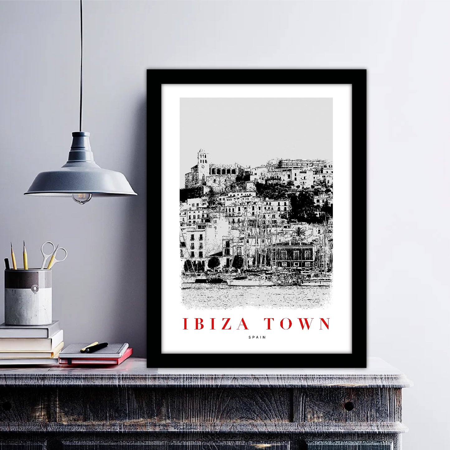 Spain Ibiza Town B_W Sketch Art Style Travel Poster Wall Art Print Home Decor Picture Wanderlust