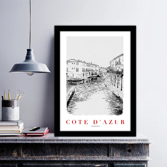 Cote D_Azur France B_W Sketch Art Style Travel Poster Wall Art Print Home Decor Picture Wanderlust