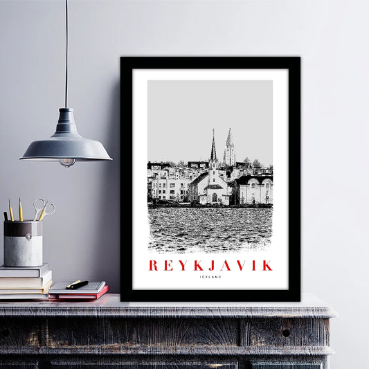 Iceland Reykjavik B_W Sketch Art Style Travel Poster Wall Art Print Home Decor Picture Wanderlust