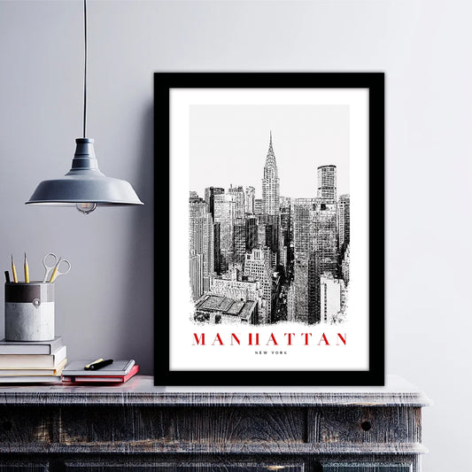 New York Manhattan B_W Sketch Art Style Travel Poster Wall Art Print Home Decor Picture Wanderlust