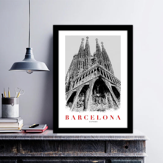 Barcelona Espana B_W Sketch Art Style Travel Poster Wall Art Print Home Decor Picture Wanderlust