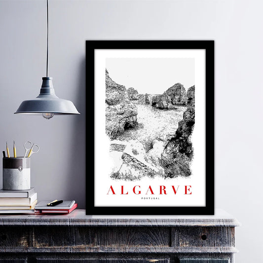 Algarve Portugal B_W Sketch Art Style Travel Poster Wall Art Print Home Decor Picture Wanderlust