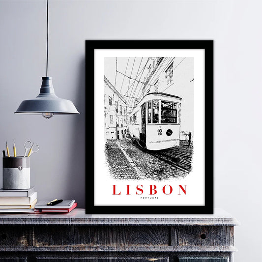 Lisbon Portugal B_W Sketch Art Style Travel Poster Wall Art Print Home Decor Picture Wanderlust